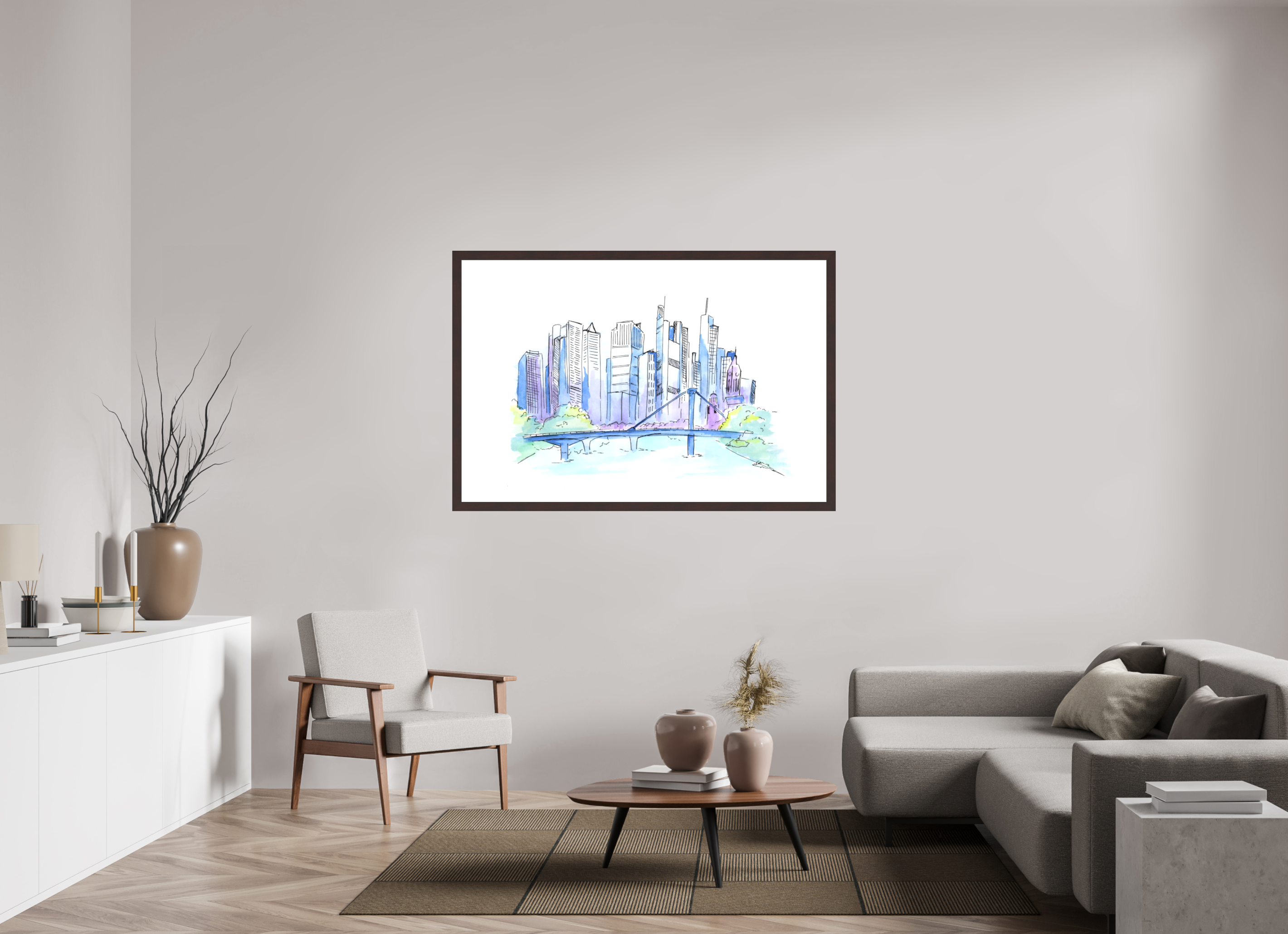 150 x 100 cm, Fine Art Print mit Holzrahmen, Erle Frankfurt Skyline Wandbild