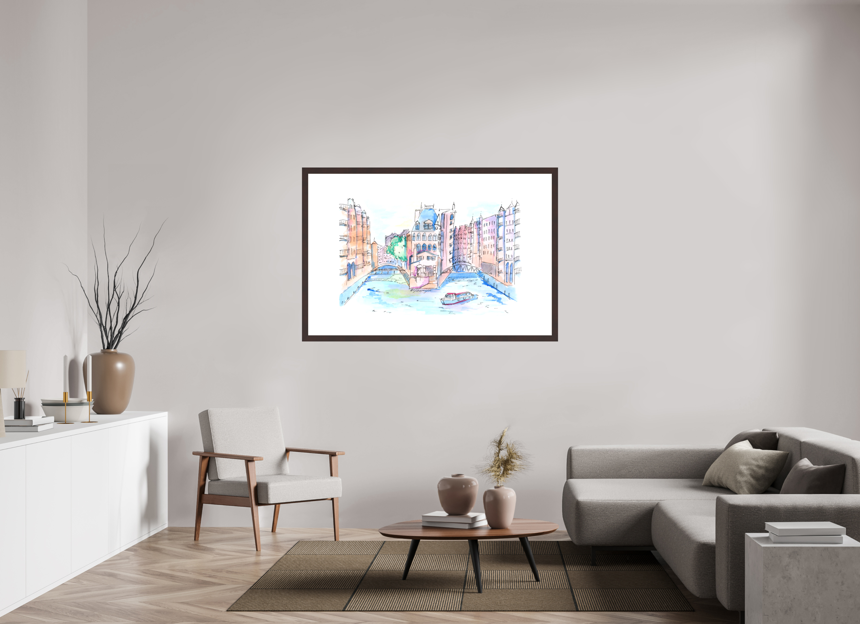 150 x 100 cm, Fine Art Print mit Holzrahmen, Erle Hamburg Speicherstadt Wandbild
