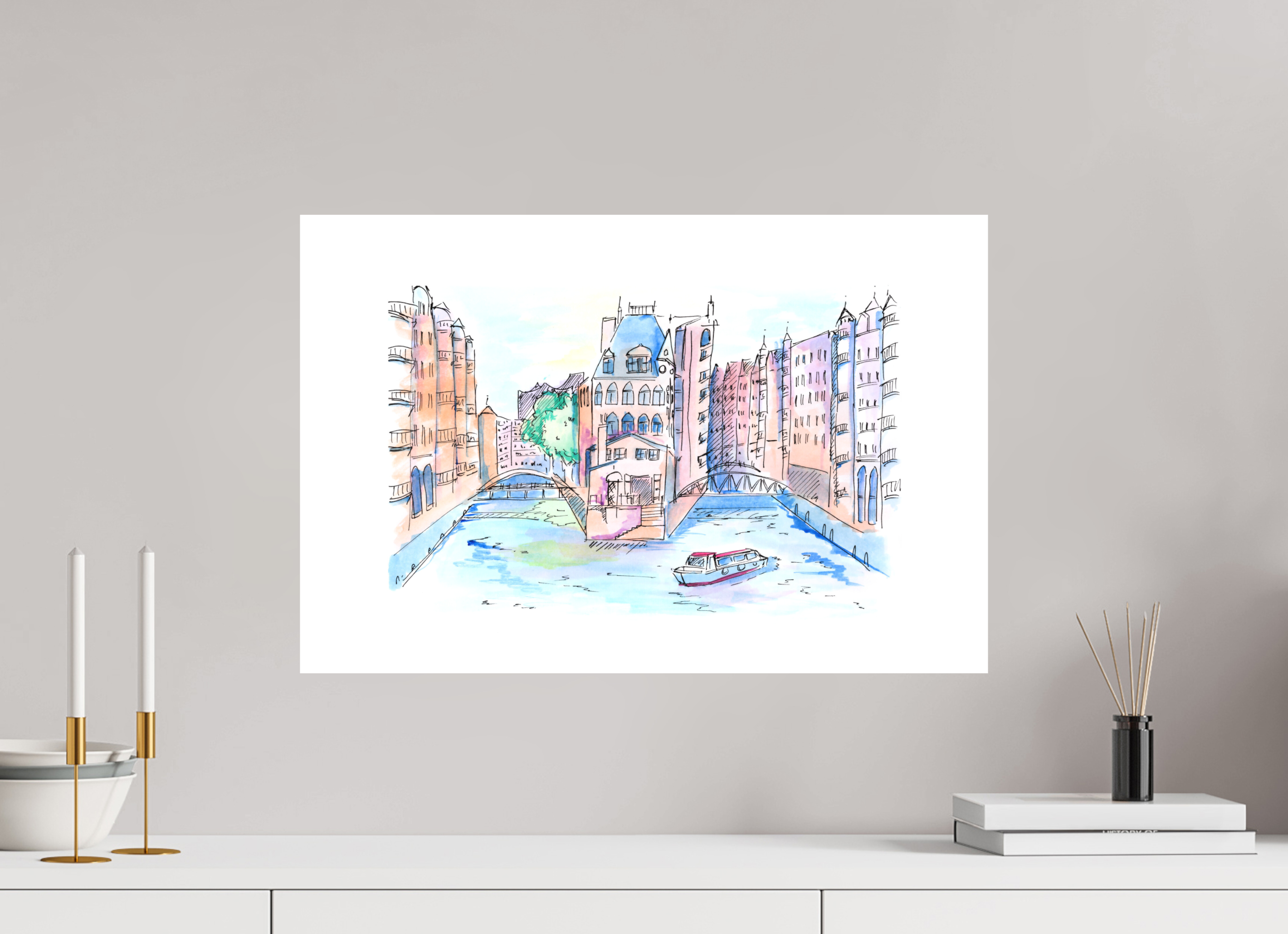 60 x 40 cm, Alu-Dibond Platte Hamburg Speicherstadt Wandbild