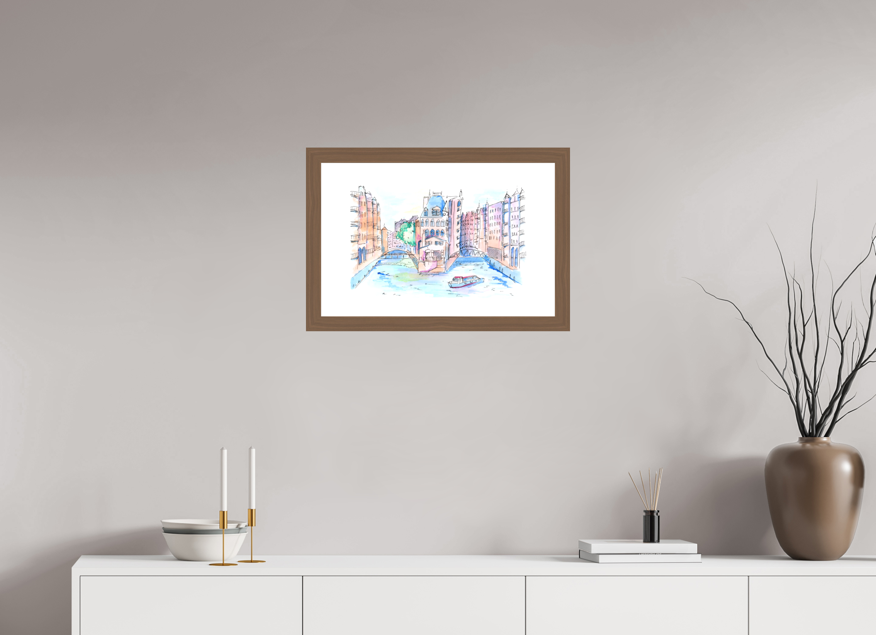 60 x 40 cm, Fine Art Print mit Holzrahmen, Nussbaum Hamburg Speicherstadt Wandbild