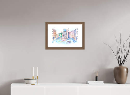 60 x 40 cm, Fine Art Print mit Holzrahmen, Nussbaum Hamburg Speicherstadt Wandbild