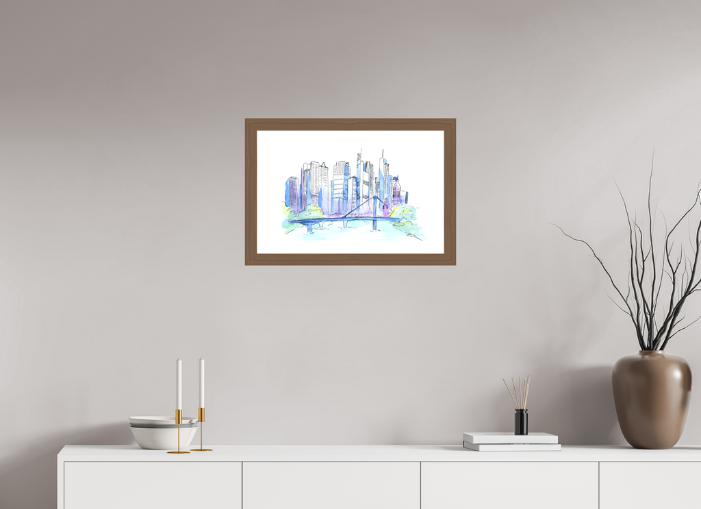 60 x 40 cm, Fine Art Print mit Holzrahmen, Nussbaum Frankfurt Skyline Wandbild