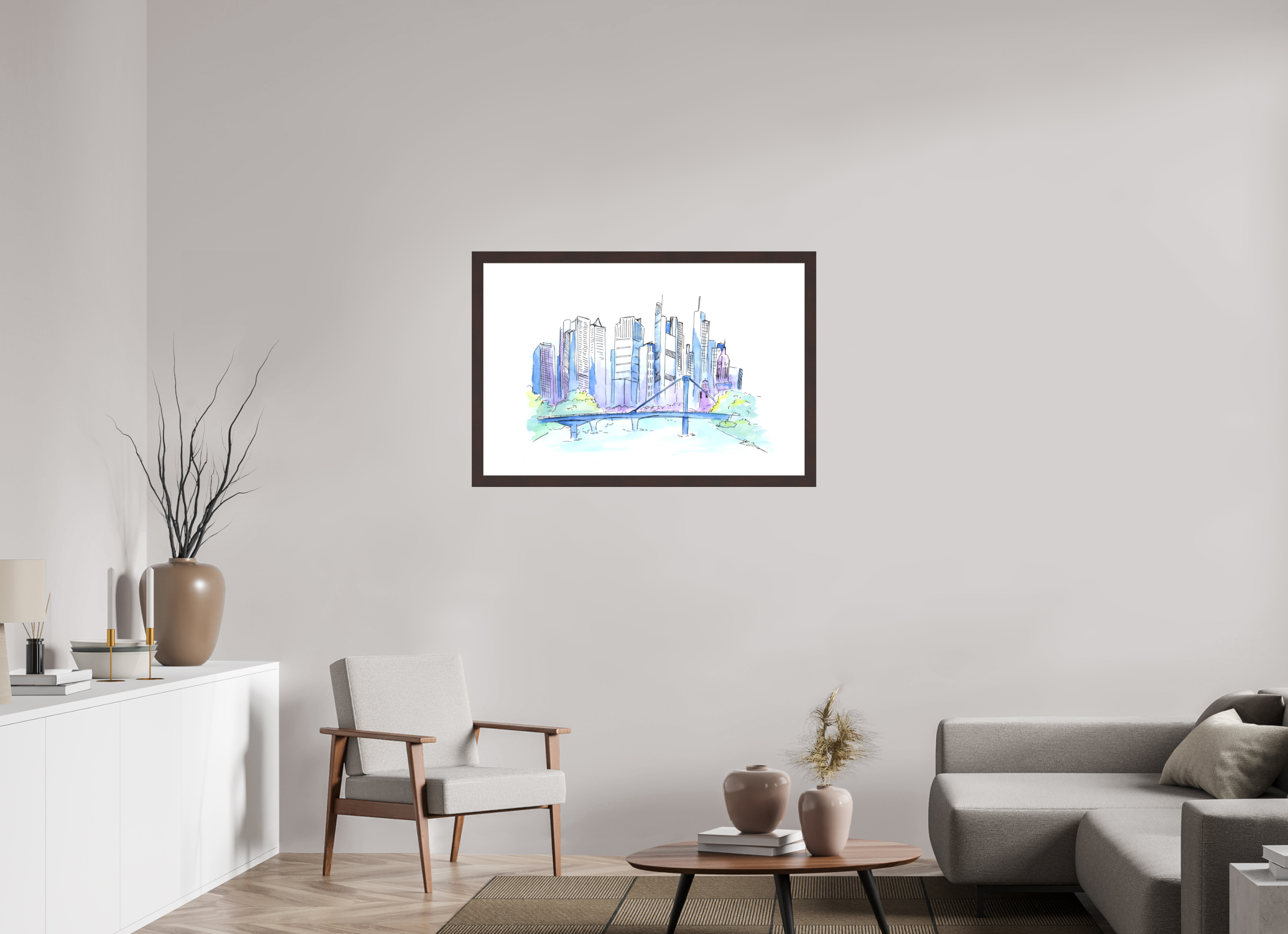 105 x 70 cm, Fine Art Print mit Holzrahmen, Erle Frankfurt Skyline Wandbild