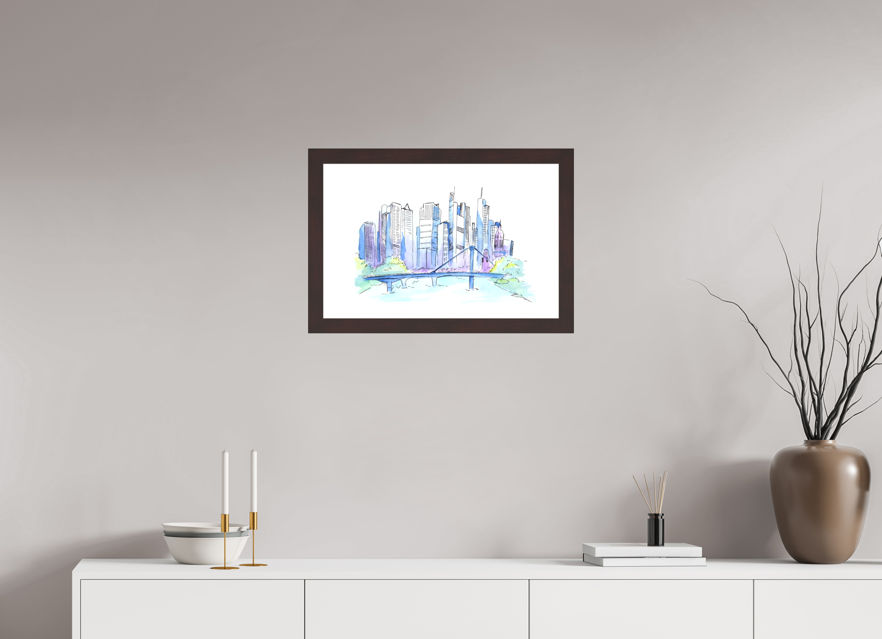 60 x 40 cm, Fine Art Print mit Holzrahmen, Erle Frankfurt Skyline Wandbild