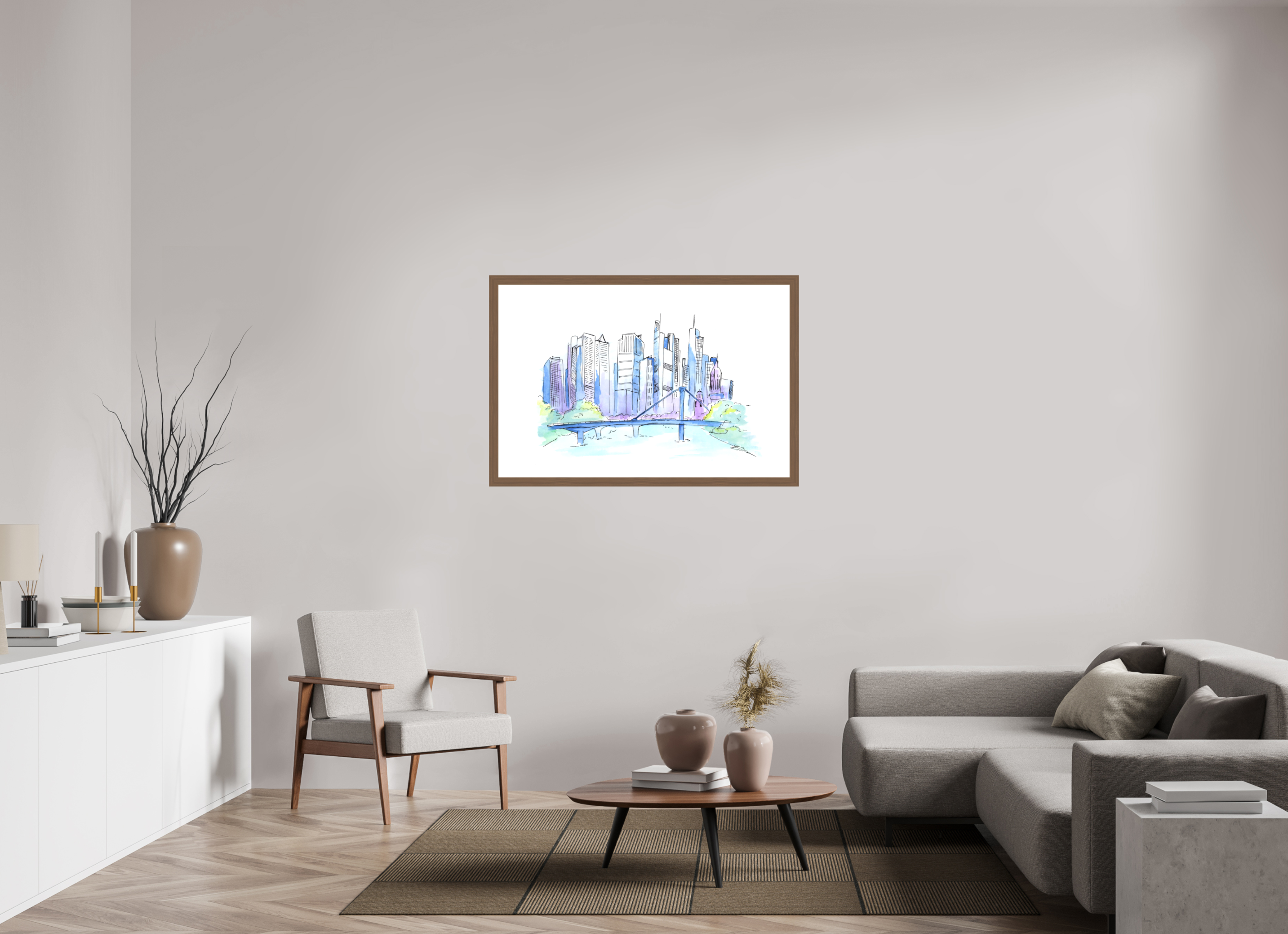 120 x 80 cm, Fine Art Print mit Holzrahmen, Nussbaum Frankfurt Skyline Wandbild