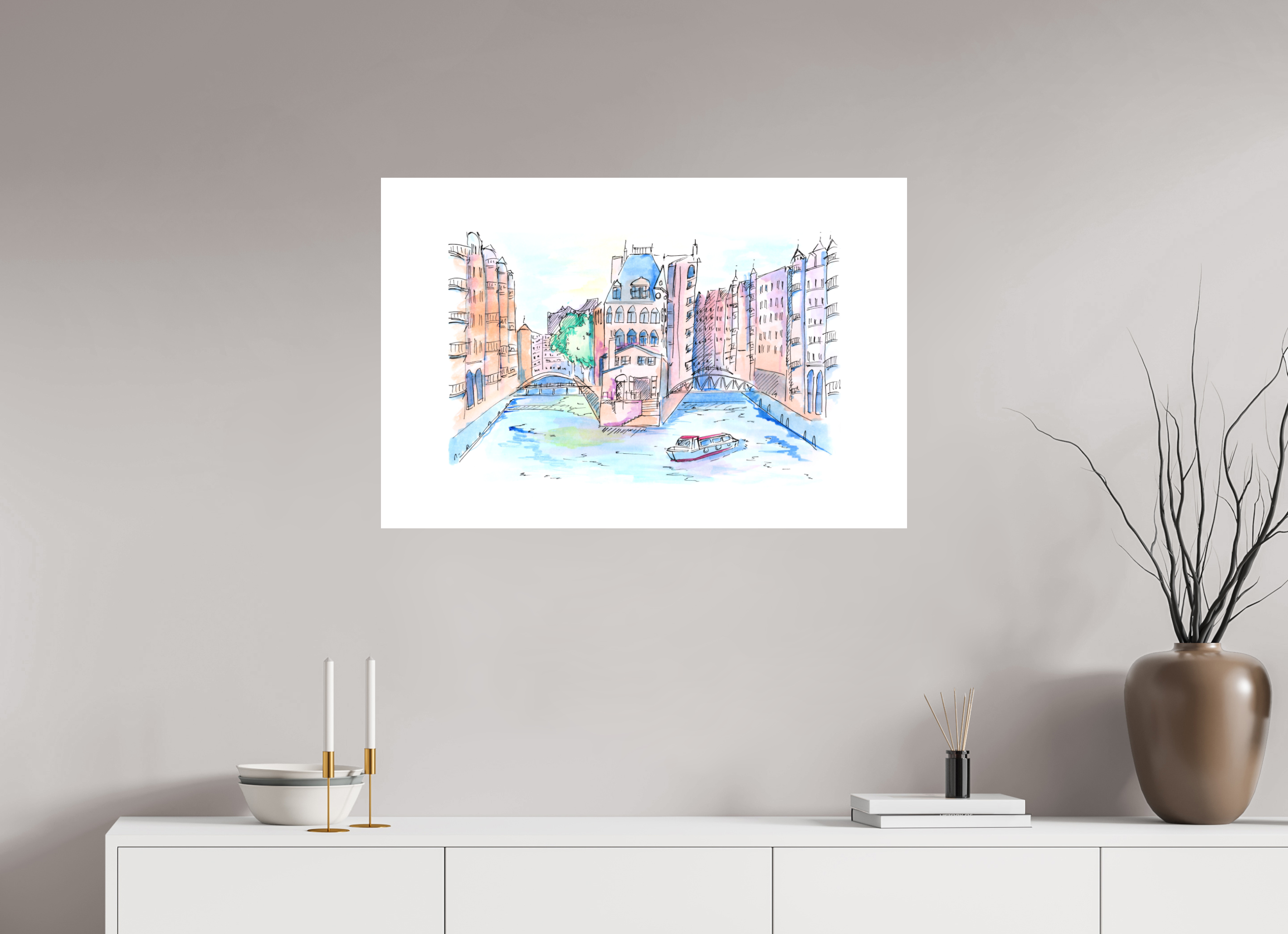90 x 60 cm, Alu-Dibond Platte Hamburg Speicherstadt Wandbild