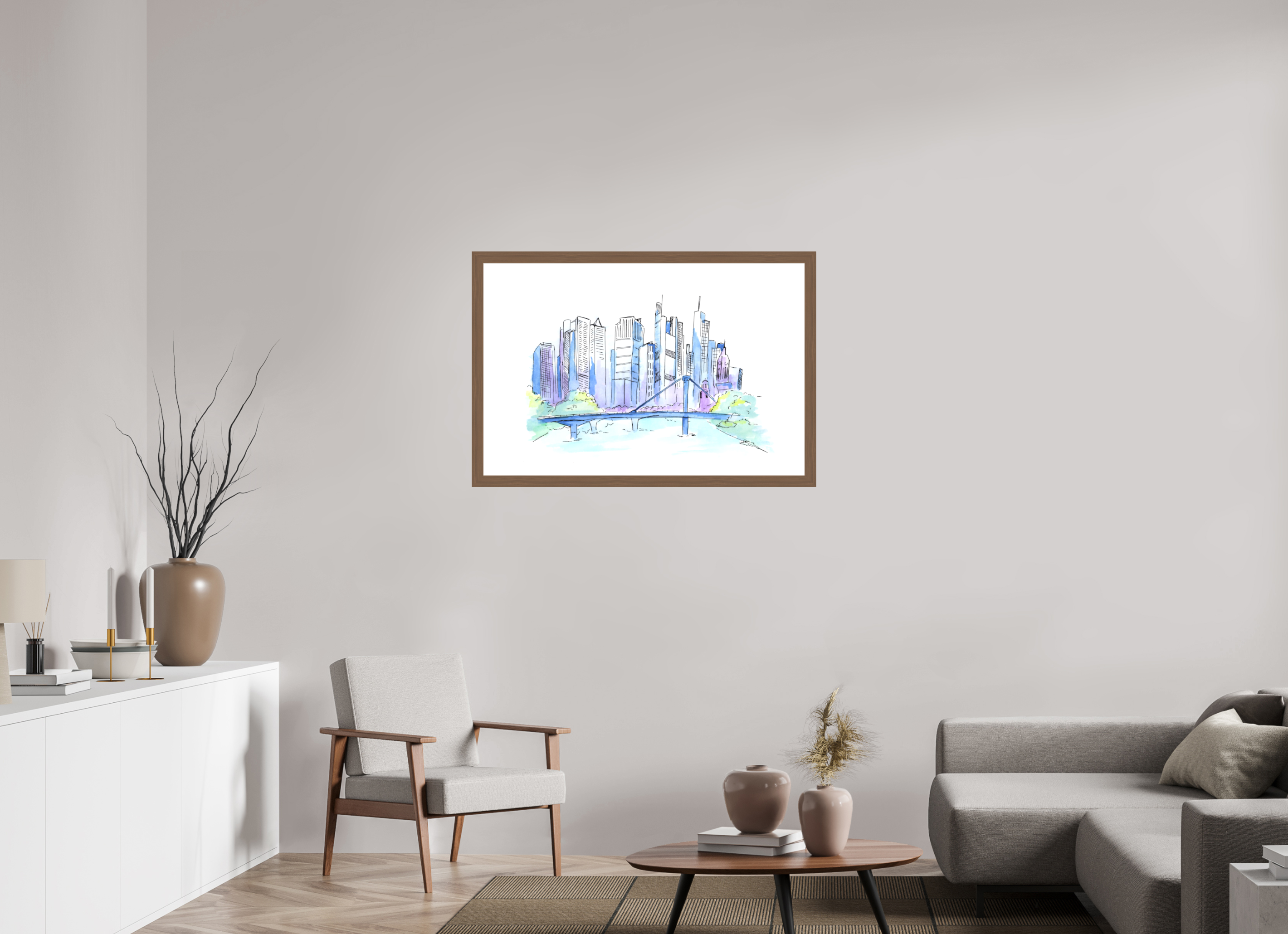 105 x 70 cm, Fine Art Print mit Holzrahmen, Nussbaum Frankfurt Skyline Wandbild
