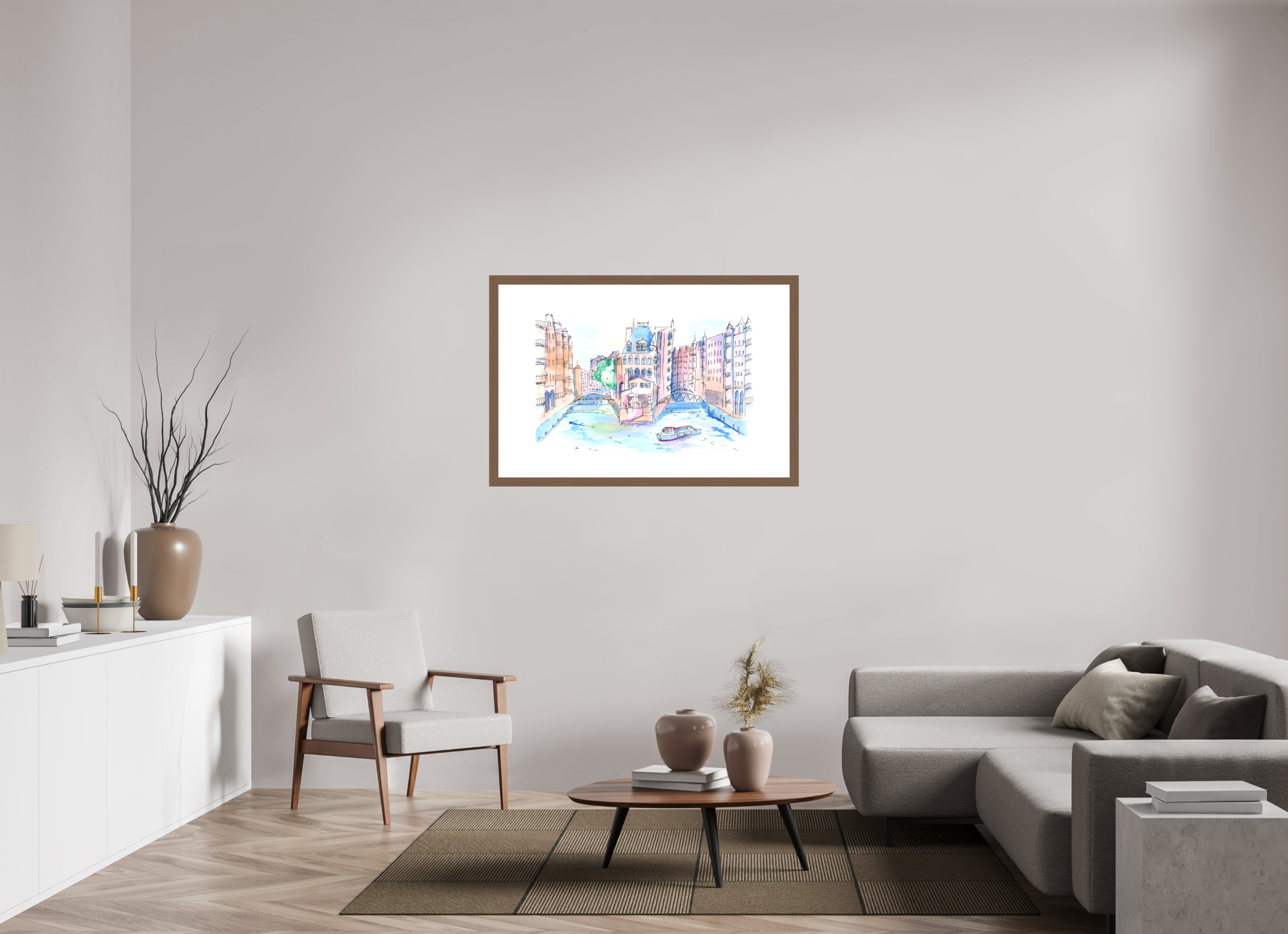 120 x 80 cm, Fine Art Print mit Holzrahmen, Nussbaum Hamburg Speicherstadt Wandbild