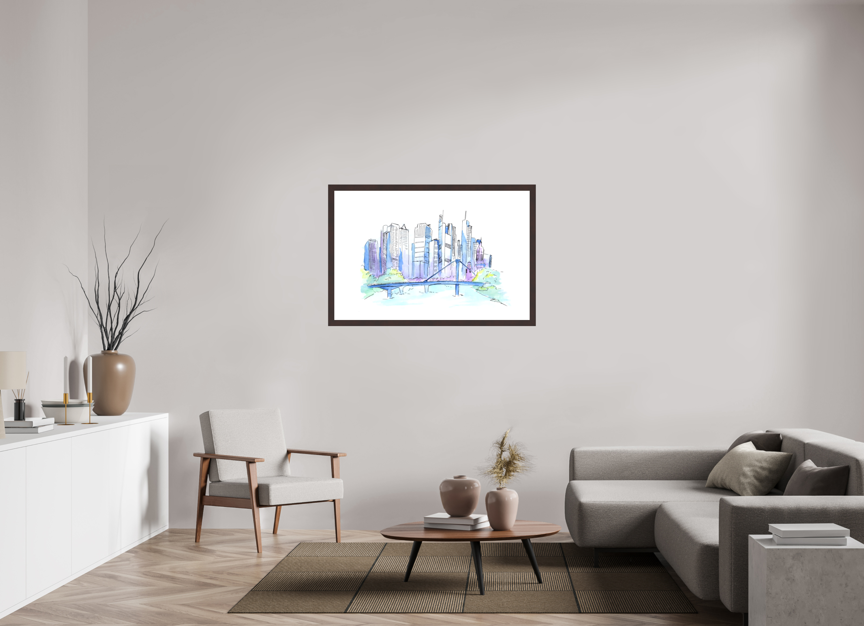120 x 80 cm, Fine Art Print mit Holzrahmen, Erle Frankfurt Skyline Wandbild