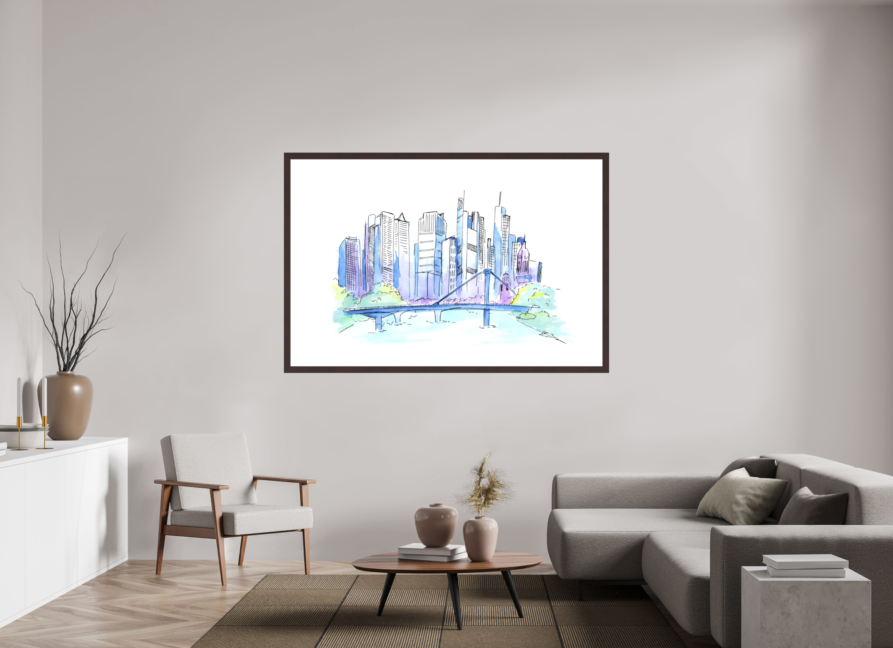 180 x 120 cm, Fine Art Print mit Holzrahmen, Erle Frankfurt Skyline Wandbild