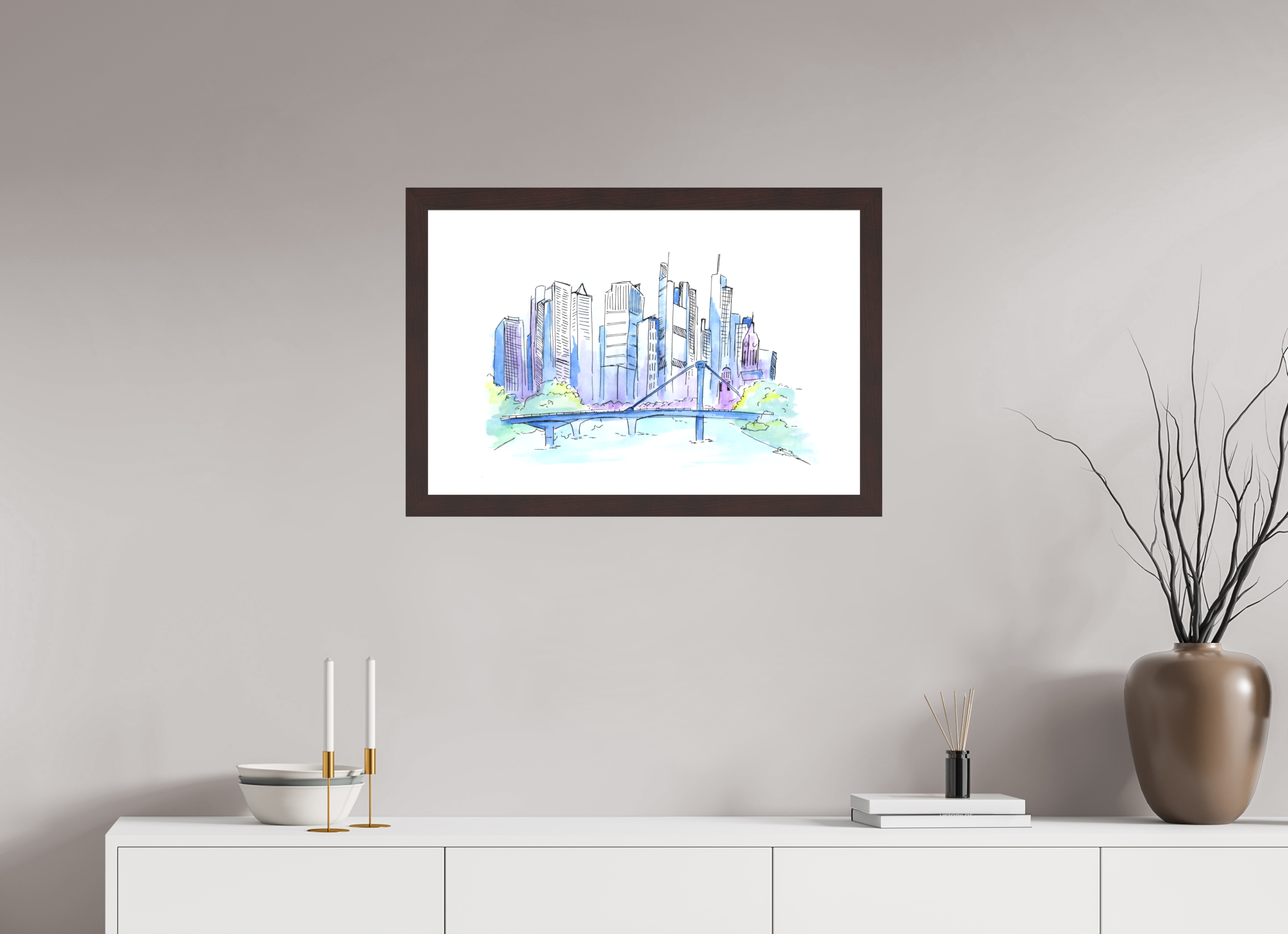 75 x 50 cm, Fine Art Print mit Holzrahmen, Erle Frankfurt Skyline Wandbild