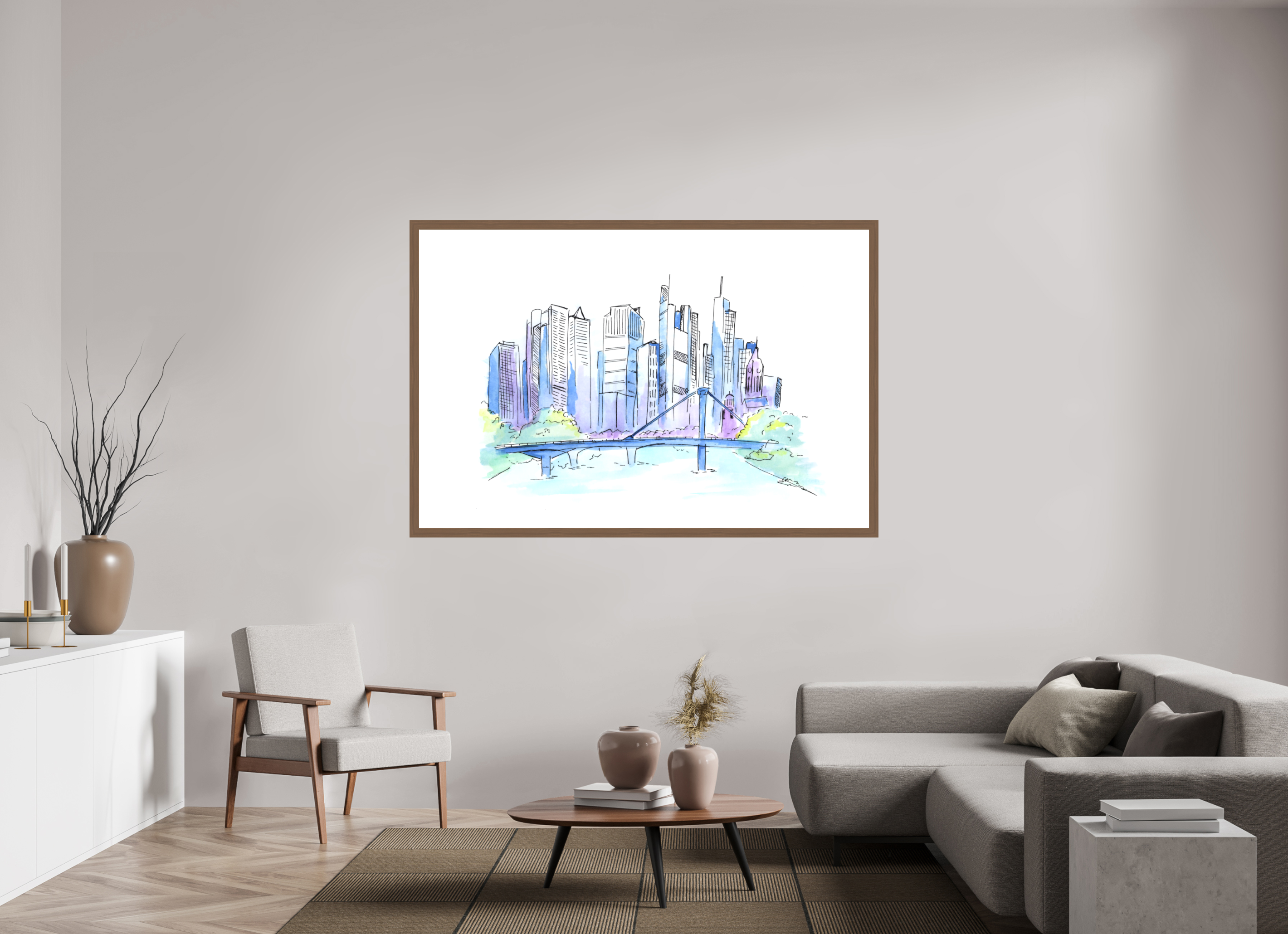 180 x 120 cm, Fine Art Print mit Holzrahmen , Nussbaum Frankfurt Skyline Wandbild
