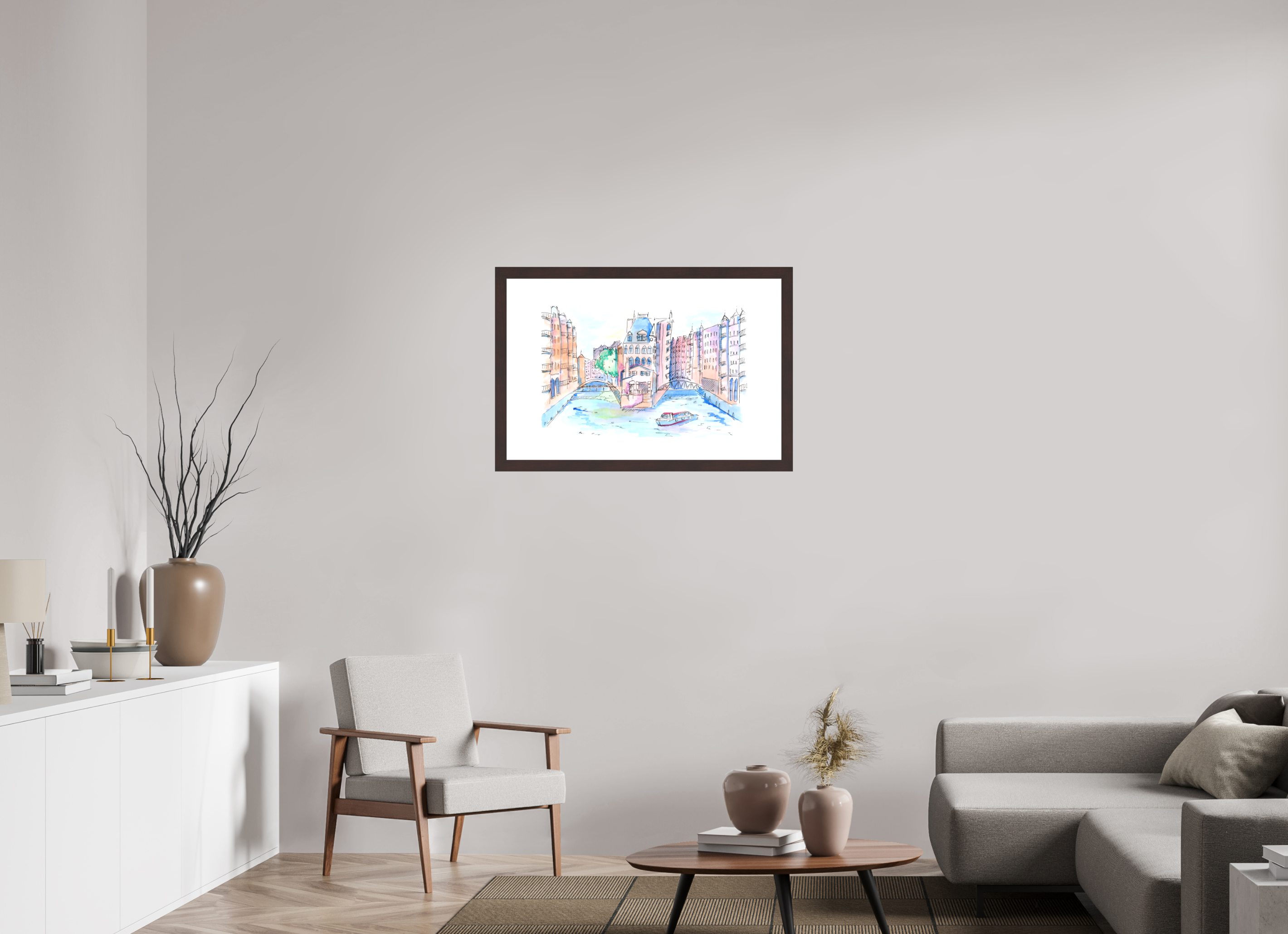 90 x 60 cm, Fine Art Print mit Holzrahmen, Erle Hamburg Speicherstadt Wandbild