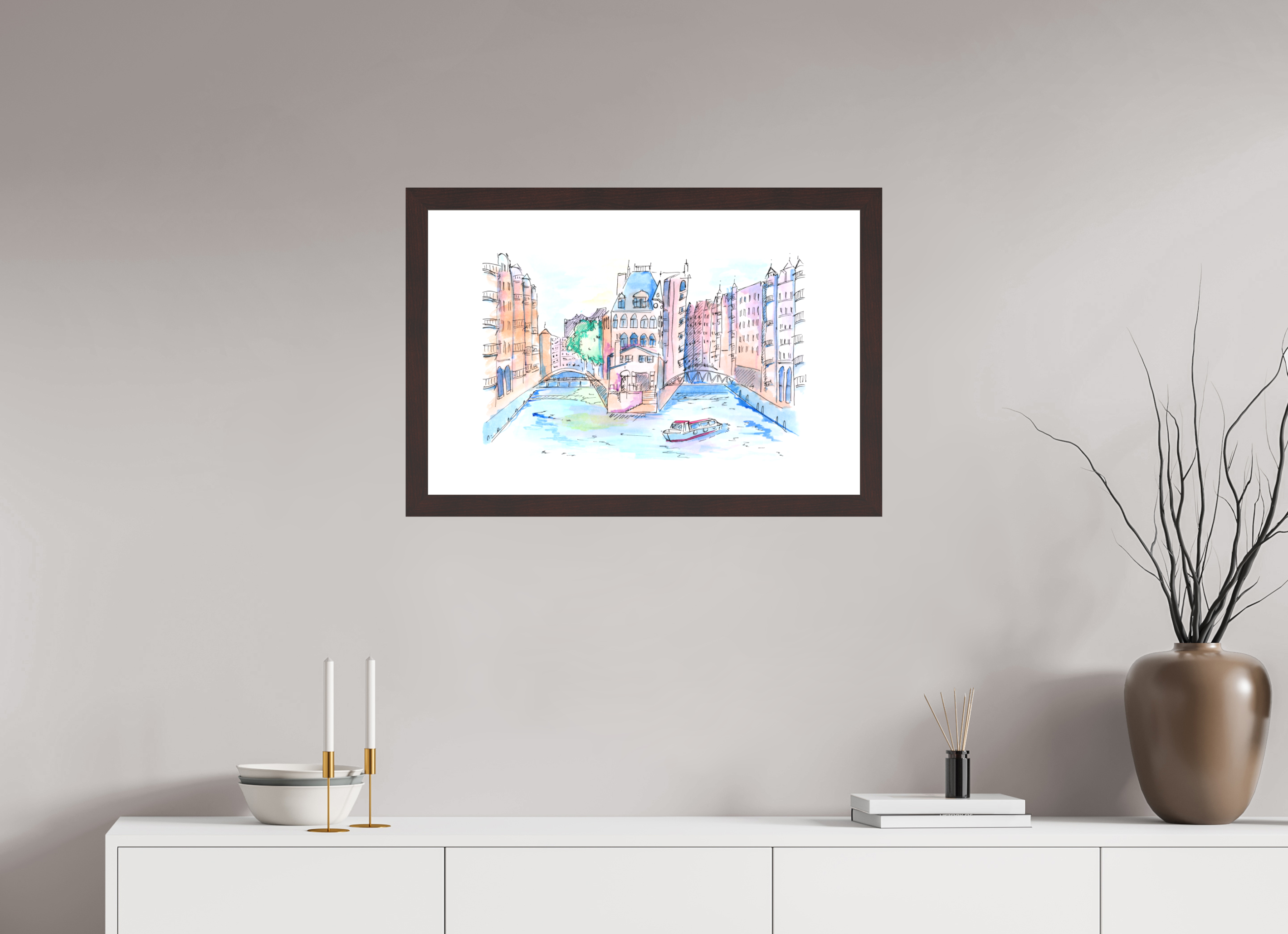 75 x 50 cm, Fine Art Print mit Holzrahmen, Erle Hamburg Speicherstadt Wandbild