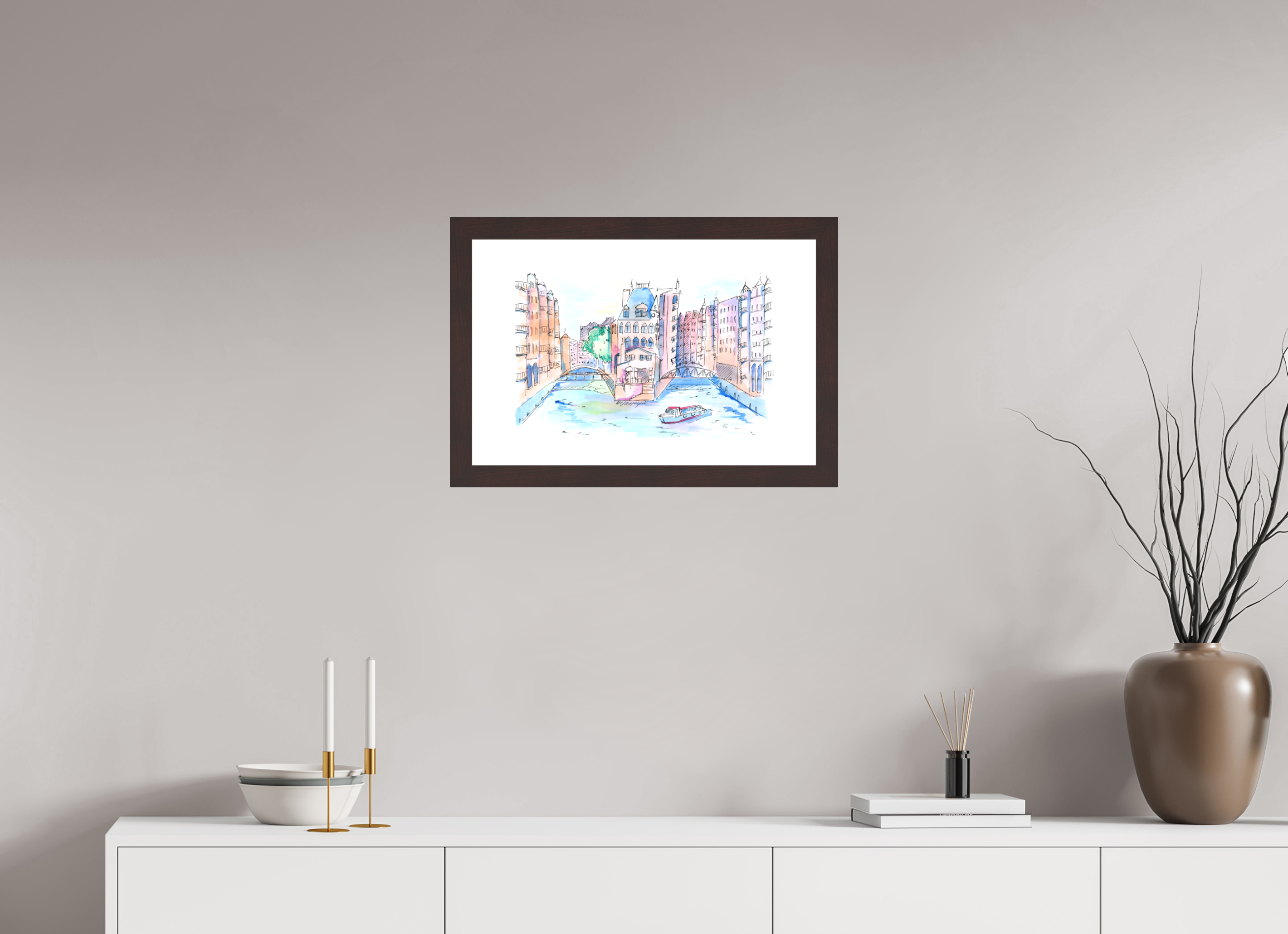 60 x 40 cm, Fine Art Print mit Holzrahmen, Erle Hamburg Speicherstadt Wandbild