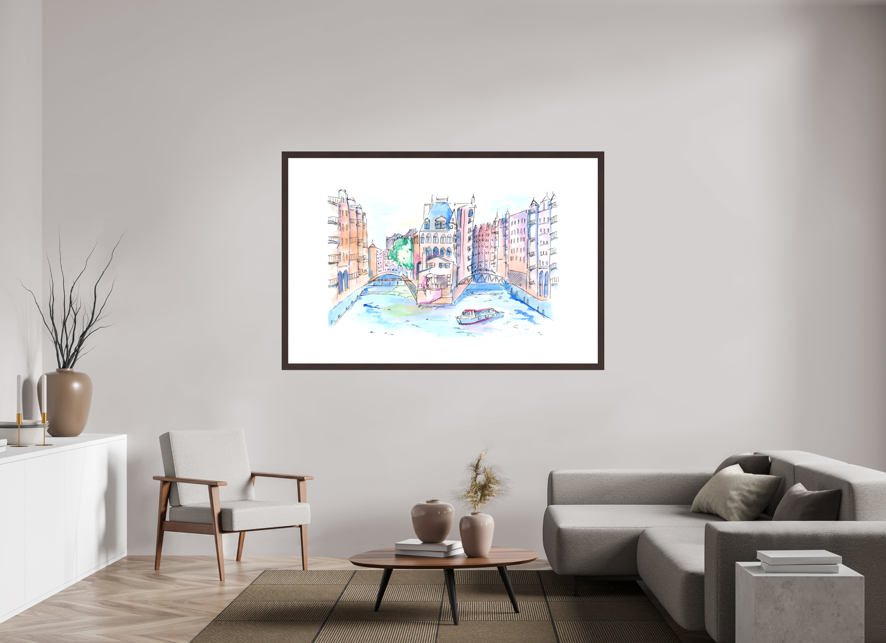 180 x 120 cm, Fine Art Print mit Holzrahmen, Erle Hamburg Speicherstadt Wandbild