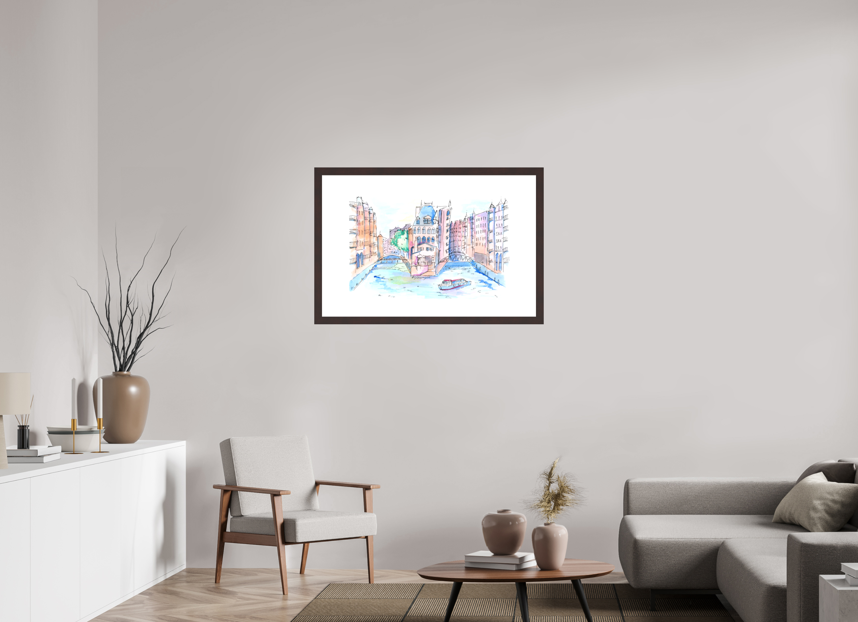 105 x 70 cm, Fine Art Print mit Holzrahmen, Erle Hamburg Speicherstadt Wandbild