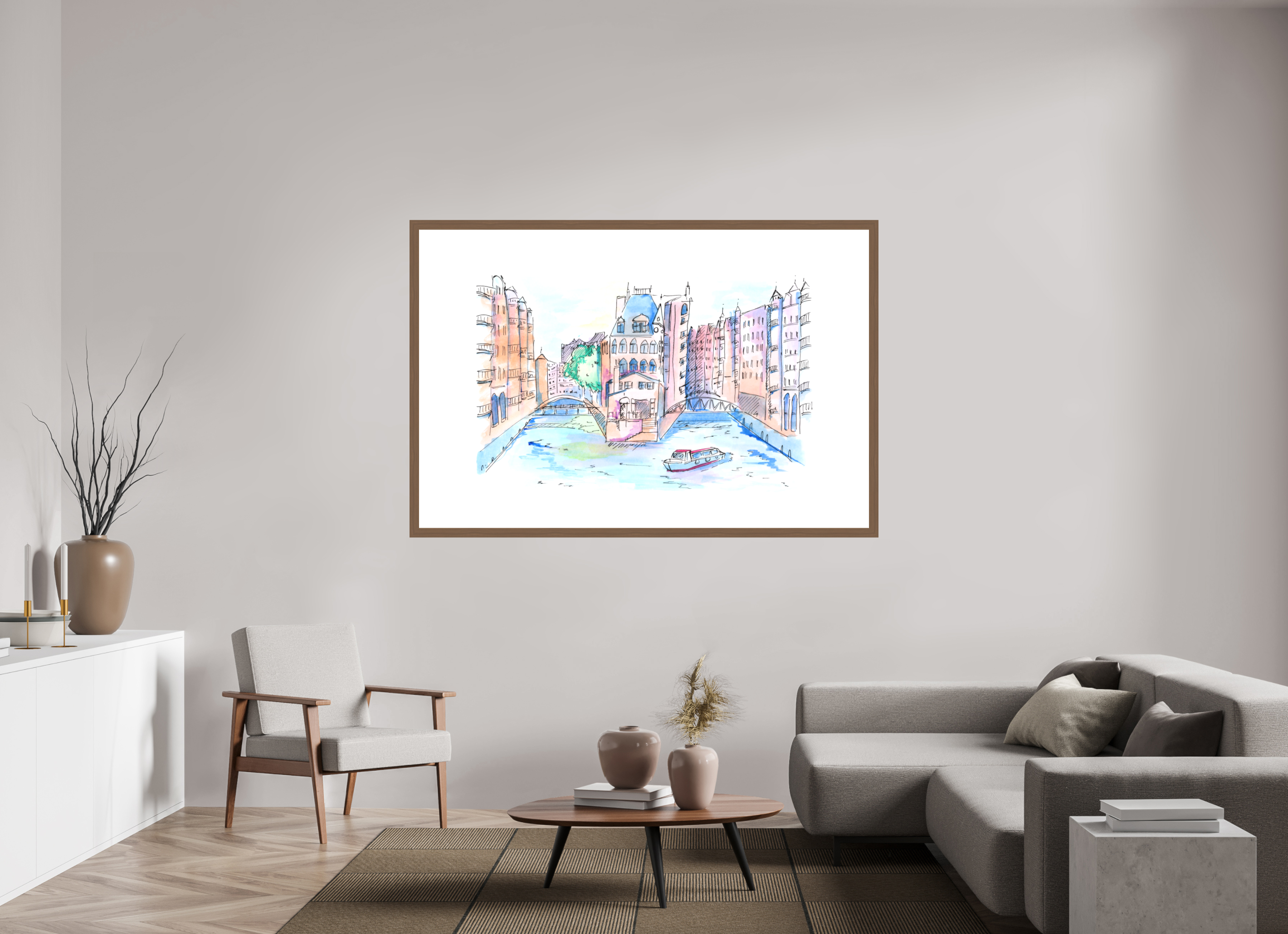 180 x 120 cm, Fine Art Print mit Holzrahmen , Nussbaum Hamburg Speicherstadt Wandbild