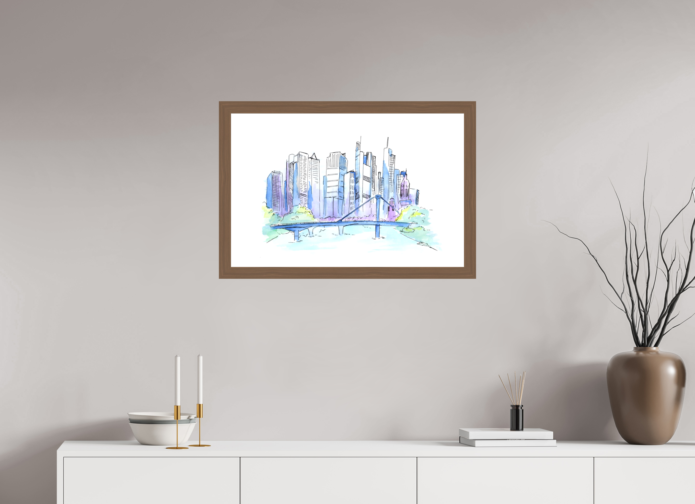75 x 50 cm, Fine Art Print mit Holzrahmen, Nussbaum Frankfurt Skyline Wandbild