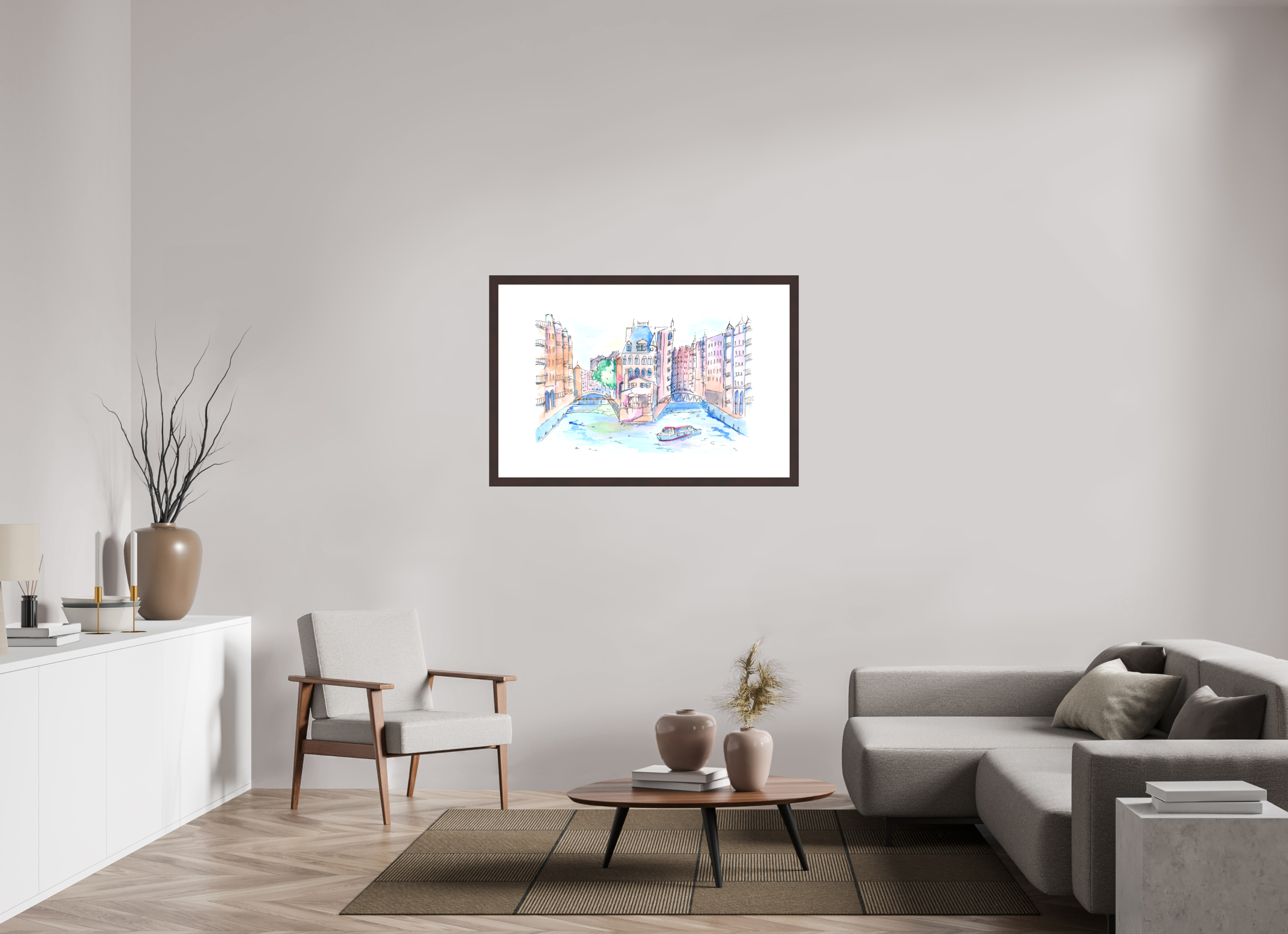 120 x 80 cm, Fine Art Print mit Holzrahmen, Erle Hamburg Speicherstadt Wandbild
